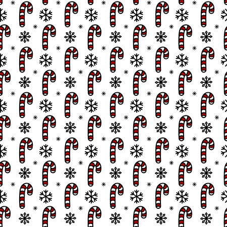 Christmas seamless pattern with candy canes. Hand drawn doodle style. Black and white vector illustration. Isolated on white background. Perfect for wrapping paper, wallpaper, fabric printのイラスト素材