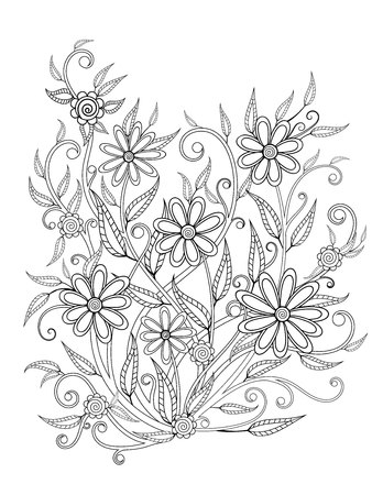 Floral adult coloring page. Black and white doodle flowers. Bouquet line art vector illustration isolated on white background. Design elementsのイラスト素材