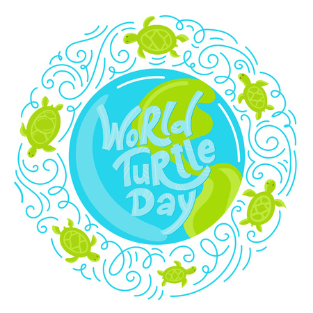 World Turtle Day 23 May background. Lettering with hand drawn elements. Modern doodle style. Vector illustration.のイラスト素材