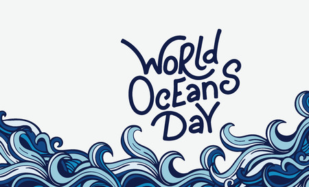 World oceans day. Vector illustration with ocean waves and hand drawn lattering. Isolated on white background.のイラスト素材
