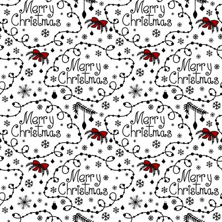 Merry Christmas background with hand drawn text, swirls and snowflakes. Hand drawn doodle style. Red and black colors. Isolated on white background. Perfect for wrapping paper, wallpaper, fabric printのイラスト素材