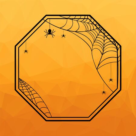 Halloween Geometric frame with spiderweb and hanging spiders on orange polygonal background. Vector illustration.のイラスト素材