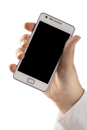 Woman hand holding an smartphone isolated on white background の写真素材