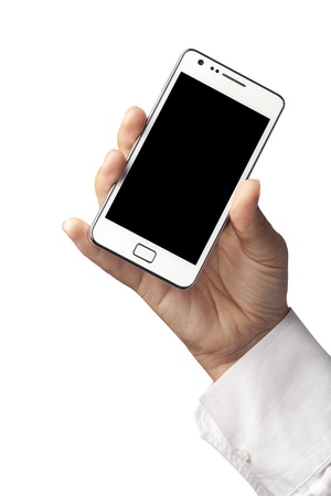 Woman hand holding an smartphone isolated on white background の写真素材