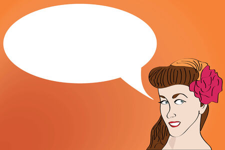 a simple cartoon pin up for your advertising, image of a woman, brown hair, blue eyes, red lips. orange background gradient.のイラスト素材