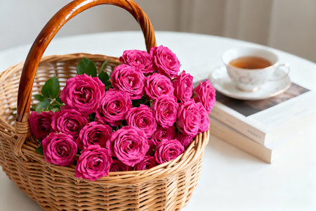 Basket with pink roses and a cup of tea on the tableの素材