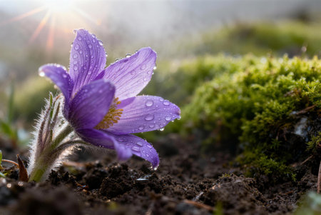Pulsatilla patens (Pulsatilla patens) with water drops.の素材