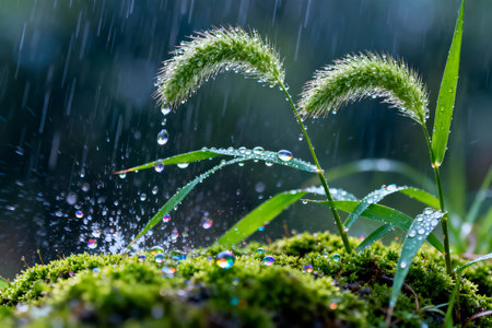Rain drops on green grass with blurred background, shallow depth of fieldの素材