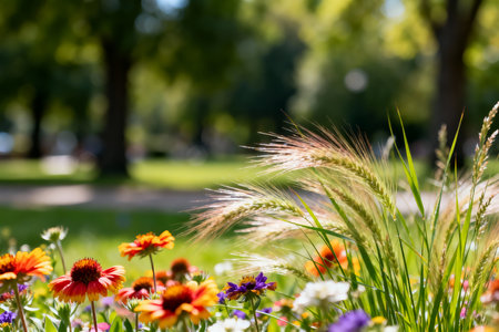 Colorful flowers and grass in the park on a sunny summer dayの素材