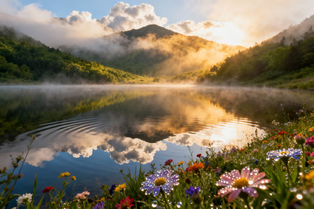 Mountain lake in the morning mist. Beautiful summer landscape. Ukraine.の素材
