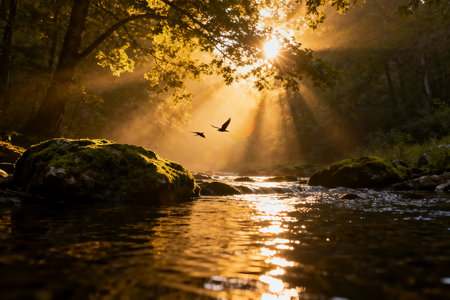 Beautiful sunset over the river in the forest. Nature composition.の素材