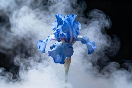 Blue iris flower with smoke on black background, close-upの素材