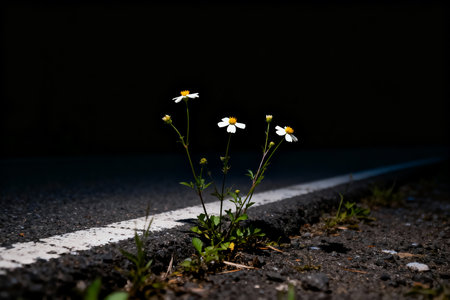 Camomile flower growing on the side of the road with black backgroundの素材