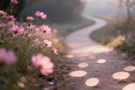 pink cosmos flower in the morning light with shadow on the groundの素材