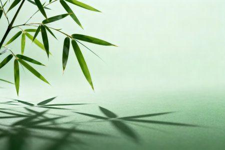 Bamboo leaves and shadow on green background with copy space for textの素材