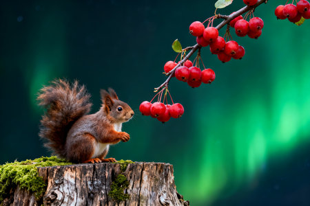 Squirrel on a tree with red berries in front of a northern lightsの素材