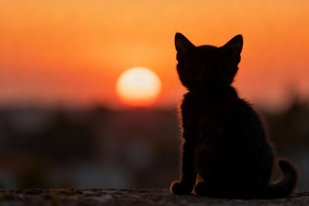 Silhouette of a cat in front of the setting sun.の素材