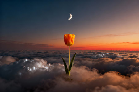 Tulip and moon in the clouds at sunset. 3D renderingの素材