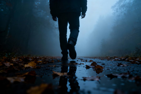 Man walking on wet road through foggy forest at night, closeupの素材