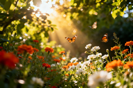 Butterflies on flowers in the garden at sunset. Summer landscape.の素材
