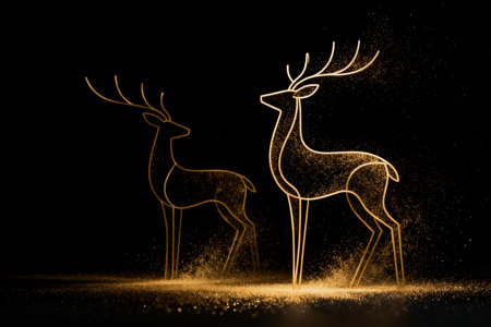 Golden reindeer silhouettes on black background. 3D renderingの素材