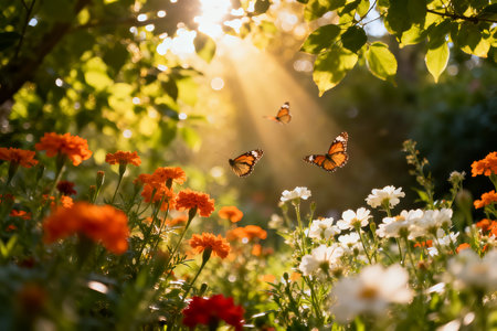 Butterflies on flowers in the garden in the rays of the sunの素材