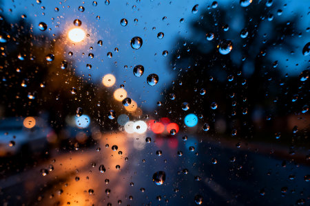 rain drops on the car glass with the background of the night cityの素材