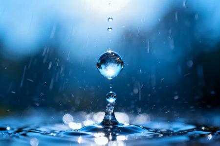 Water drop falling on water surface with blue bokeh background.の素材