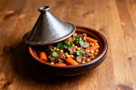 Beef stew with vegetables and meat in a ceramic bowl on a wooden backgroundの素材