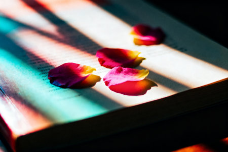 Rose petals on a book in sunlight. Selective focus.の素材