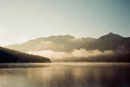 Beautiful landscape image of a lake in the mountains with fog at sunriseの素材