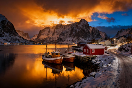 Sunset in Reine fishing village, Lofoten islands, Norwayの素材