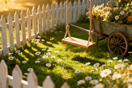 Old wooden swing with flowers on green grass and white picket fenceの素材