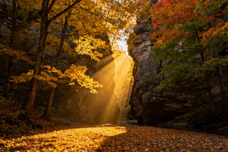 Autumn in the forest with colorful leaves and sunbeams.の素材