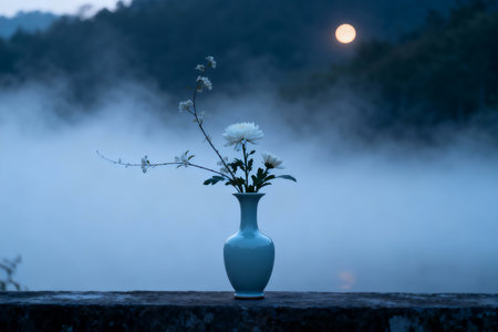 Vase of flowers on the stone with fog and moon background.の素材