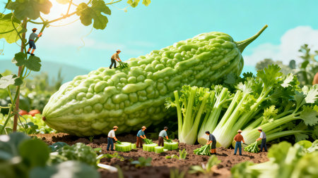 Miniature people: Farmers are harvesting bitter melon in the vegetable garden.の素材
