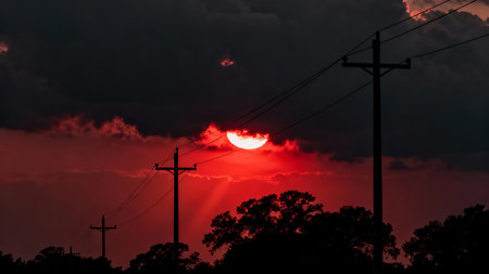 Sunset behind a power line in a rural area of the United Statesの素材