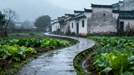 Lettuce garden in the village in the rain, China.の素材