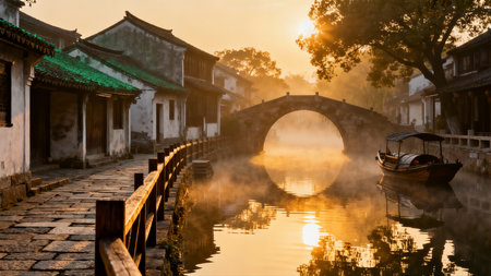 Ancient town of Suzhou at sunrise, Jiangsu Province, Chinaの素材