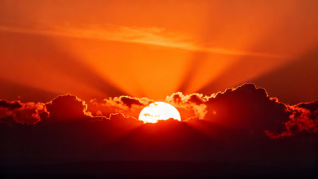 Sunset over the sea with clouds and rays of the sun.の素材