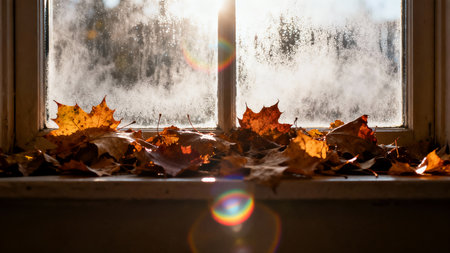 Autumn leaves on the windowsill and a rainbow in the backgroundの素材