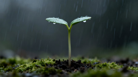 Green seedling illustrating concept of new life with rain drops on itの素材