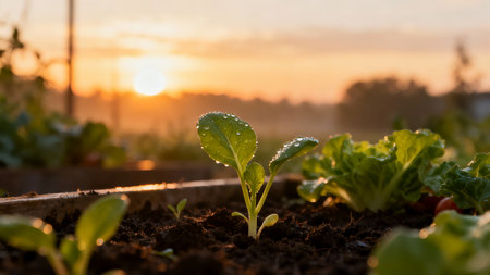 Young seedling of lettuce in a pot on a sunset background.の素材