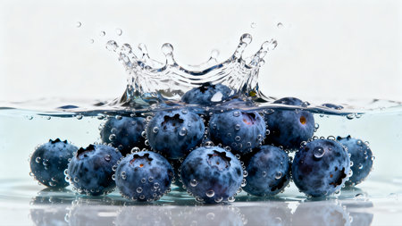 Blueberries fall into water with a splash on a white background.の素材