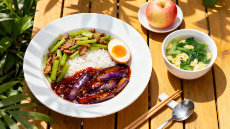 Rice topped with stir-fried pork, boiled egg and vegetablesの素材