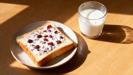 A glass of milk and a slice of bread with cranberries on a wooden table.の素材