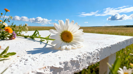 Daisy on a white wooden bench in the field. Summer landscape.の素材
