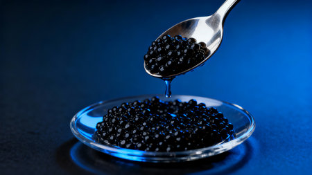 Black caviar in a spoon on a dark blue background close upの素材