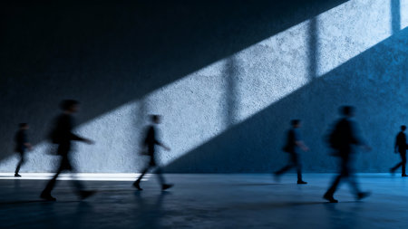 Silhouettes of business people walking in a dark room with sunlightの素材
