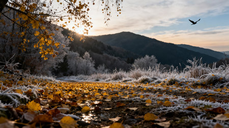 Frosty autumn landscape in the mountains with yellow leaves on the groundの素材